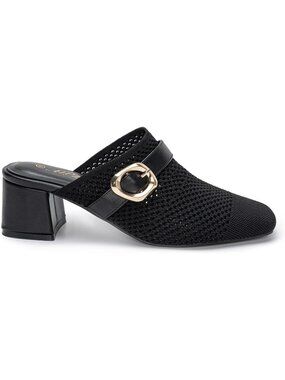 Women's Comfortable Knit Square Closed Toe Slip On Chunky Heel Black Slide Shoes